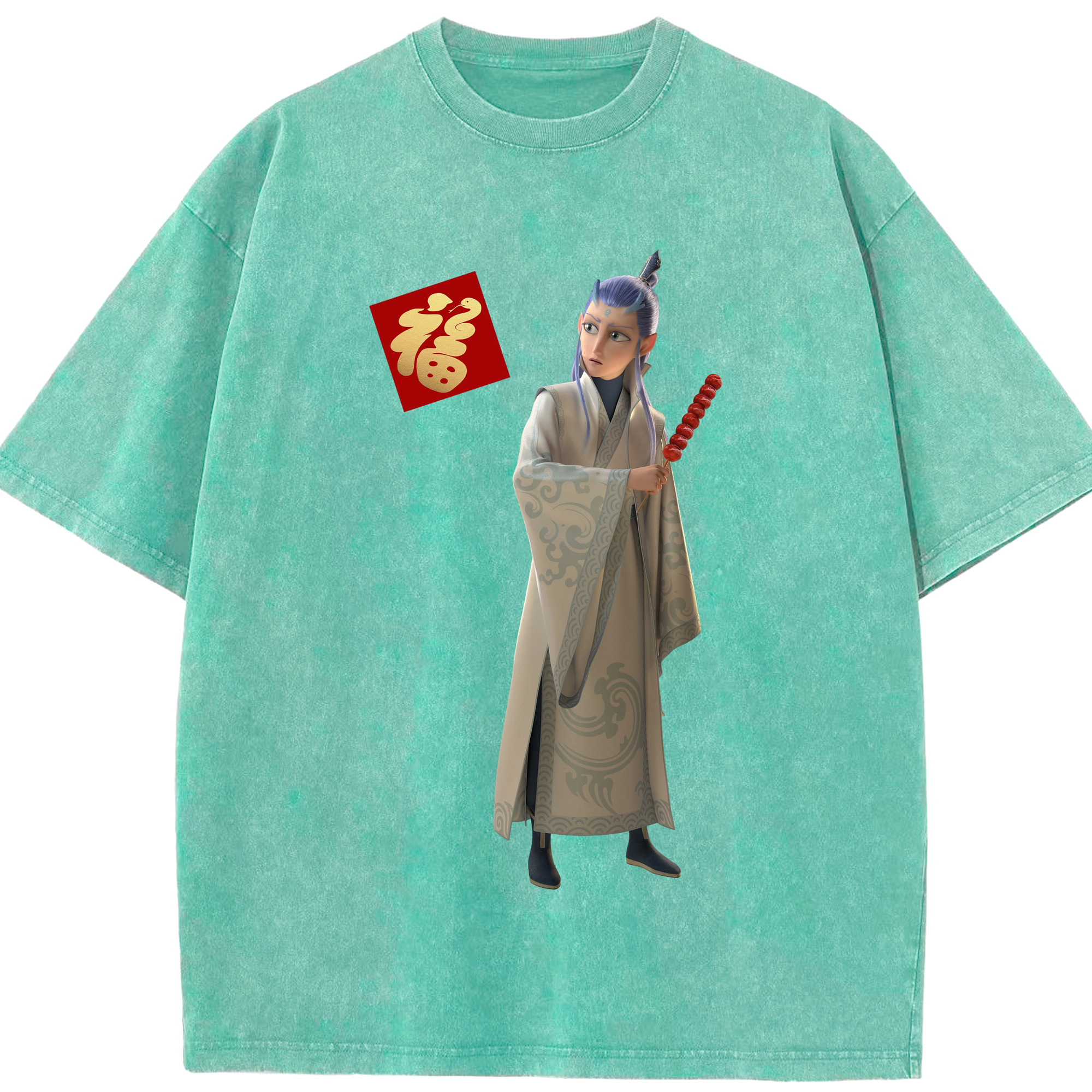 （画像用） Ne Zha 2 ナタ 魔童の大暴れ 綿100% ヴィンテージ風 半袖Tシャツ（フロントプリント）